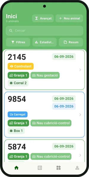 Pantalla de inicio de Vedlogs con la lista de animales