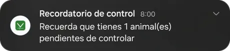 Notificación de Vedlogs: recuerda que tienes 1 animal pendiente de controlar